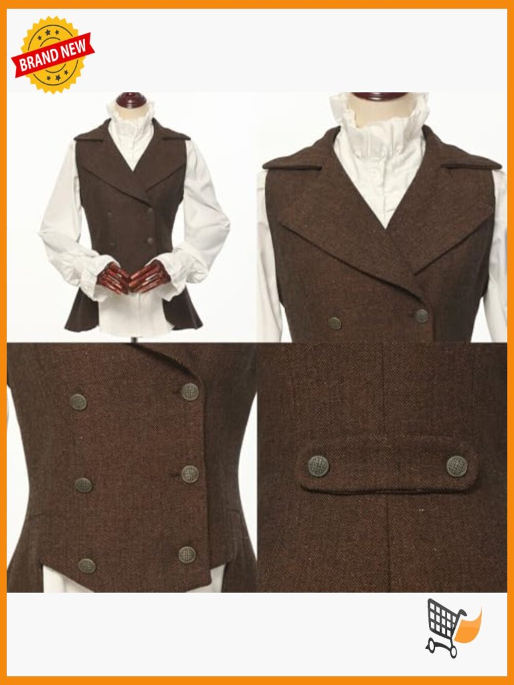 Victorian Waistcoat Tweed Vest Steampunk Tailcoat Renaissance Jacket Sleeveless - Picture 5 of 6